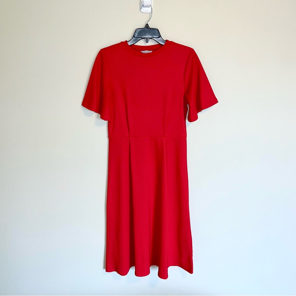 H&M Fit & Flare Midi Dress Red Short Flutter Sleeves Ribbed Jersey Size Small